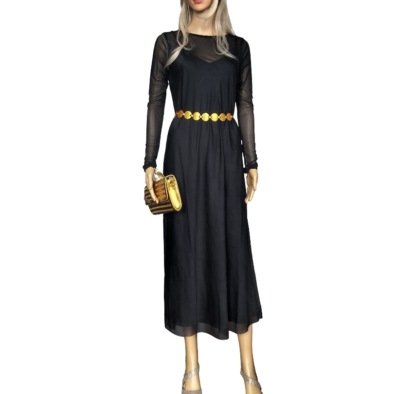Dkny Black Dress With Sheer Sleeves And Gold Accents Size 6 Nwt